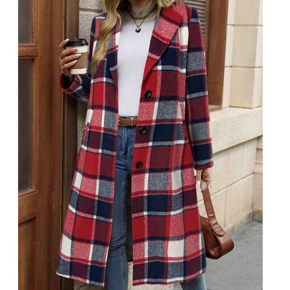 Classic Plaid Print Button Pockets Long Jacket Coat - Picture 11 of 12